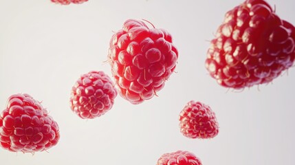 Fresh ripe raspberries flying in the air against a white background showcasing their vibrant color...