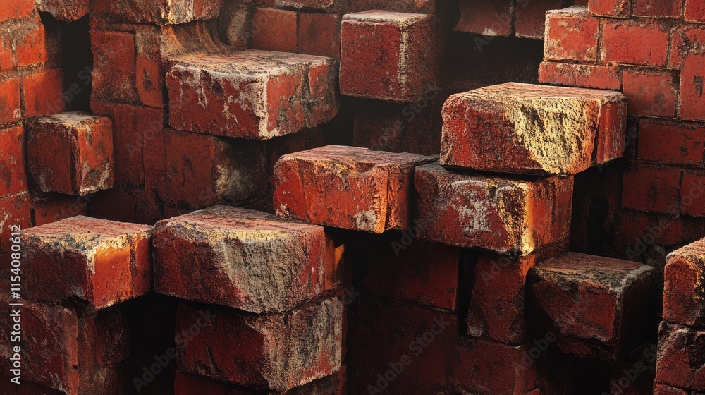Poster textured red bricks piled together in abstract arrangement for construction and design projects