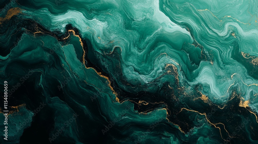Poster swirling green and black abstract design showcasing elegant patterns and smooth textures with touche