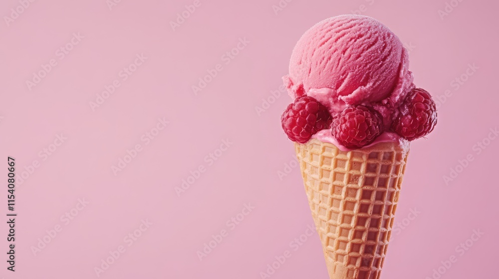 Poster raspberry ice cream cone topped with fresh raspberries on a pink background capturing a refreshing d