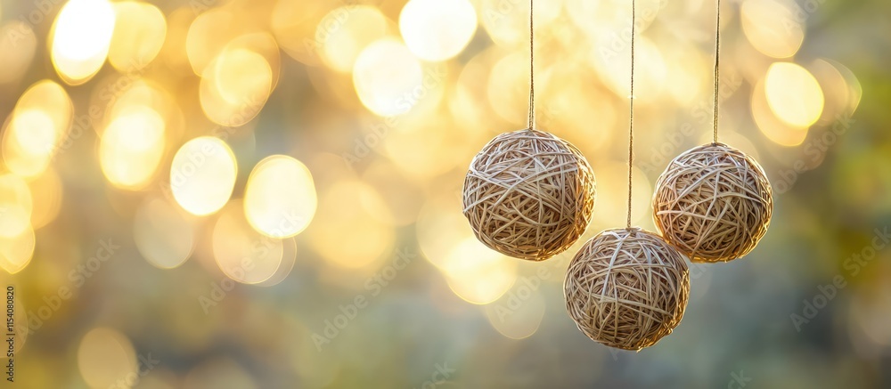 Aufkleber rattan decorative balls suspended on threads with a warm yellow and gray bokeh background creating a