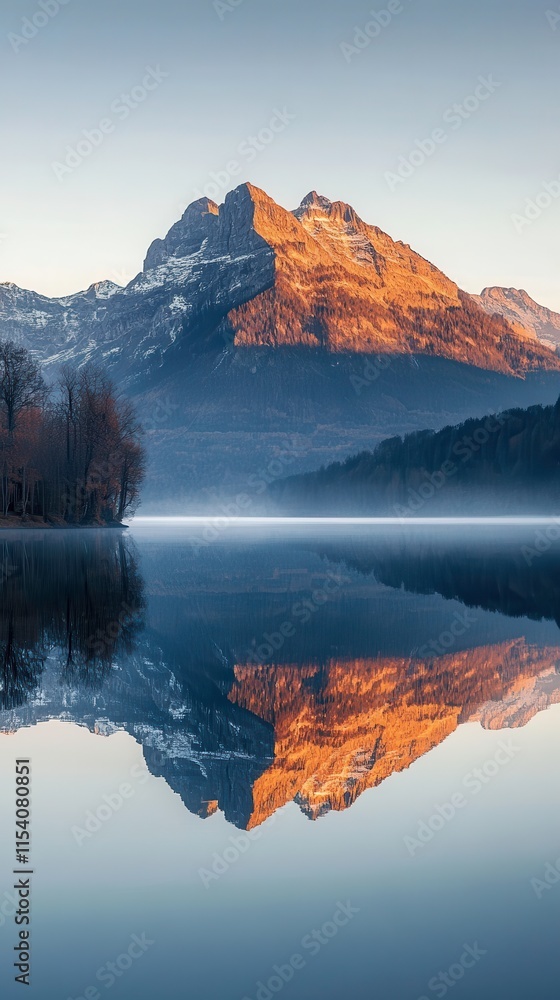 Poster symmetrical reflection of a mountain at sunrise over a calm lake creating a serene landscape view. g