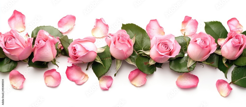 Poster pink roses and petals arranged on a white background creating an elegant border with ample copy spac