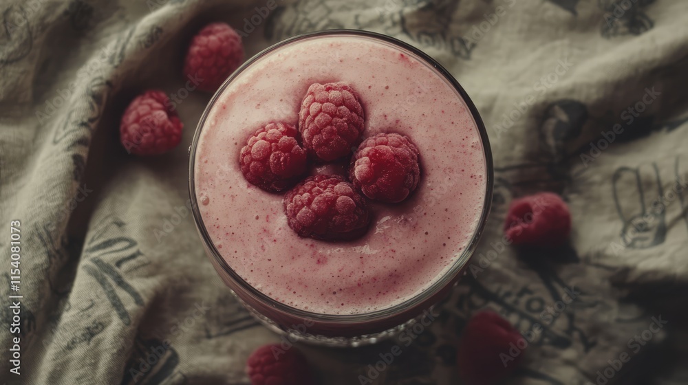 Poster raspberry smoothie in a glass garnished with fresh raspberries on a rustic linen background showcasi