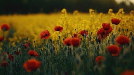 Vibrant rapeseed and poppy fields under golden sunlight showcasing nature's colorful beauty in a picturesque landscape.