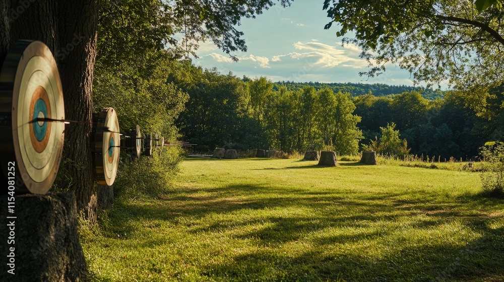 Poster an adventurous archery range nestled in a picturesque setting, bows and arrows neatly aligned, outdo