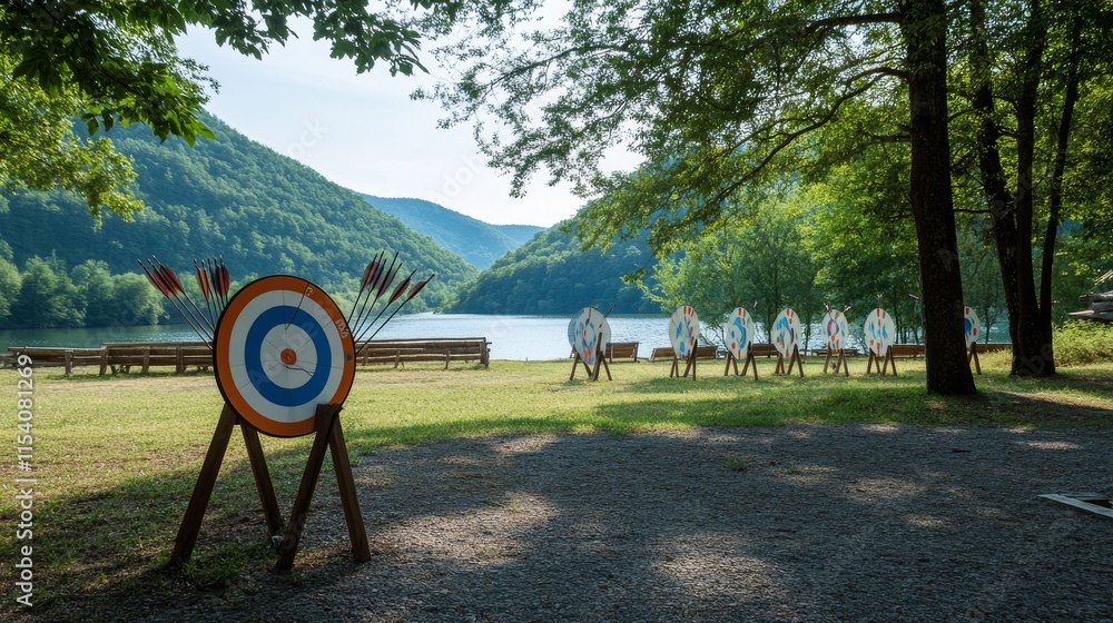 Poster an adventurous archery range nestled in a picturesque setting, bows and arrows neatly aligned, outdo