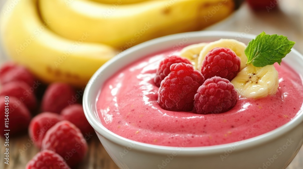Poster raspberry banana smoothie bowl garnished with fresh raspberries and banana slices on a wooden table 