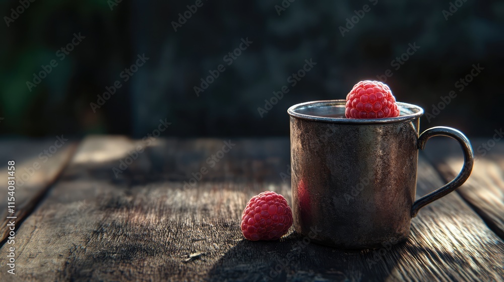 Poster freshly picked raspberries in a rustic metal mug on a weathered wooden table creating a cozy and inv