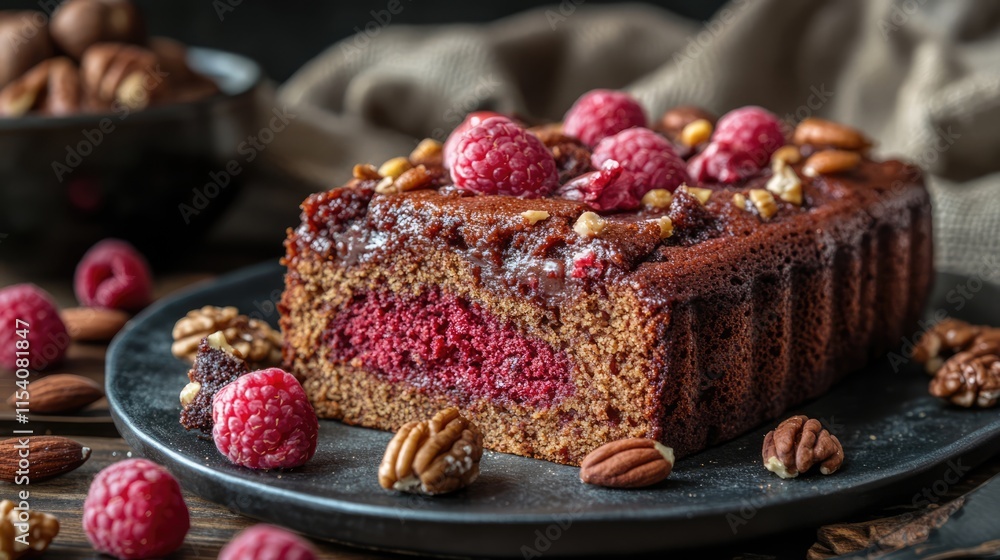 Poster raspberry nut cake beautifully displayed on wooden table surrounded by fresh raspberries and nuts fo
