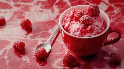 Raspberry mug cake in a red cup with fresh raspberries on a vibrant counter surface against a...