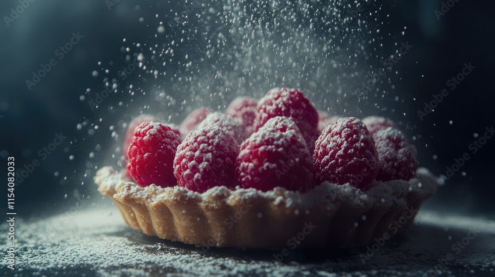 Poster raspberry tart with fresh raspberries and a dusting of powdered sugar on a dark background showcasin