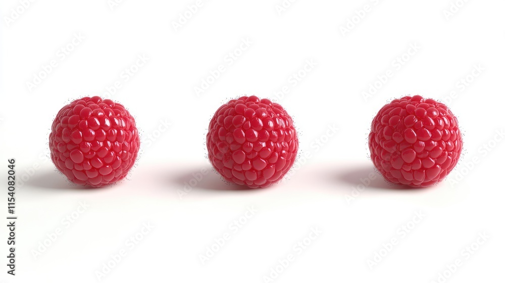 Poster fresh raspberry fruits arranged in a row on a clean white background showcasing their vibrant color 