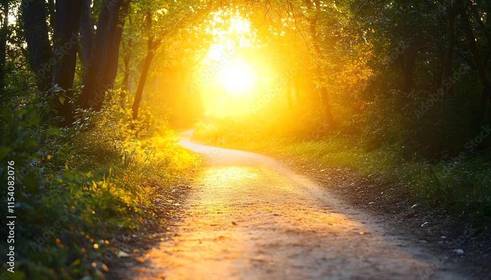 Poster Serene Nature Trail at Sunrise with Soft Sunlight Illuminating the Path Surrounded by Lush Green Trees in a Tranquil Forest Setting