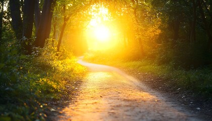 Obraz premium Serene Nature Trail at Sunrise with Soft Sunlight Illuminating the Path Surrounded by Lush Green Trees in a Tranquil Forest Setting