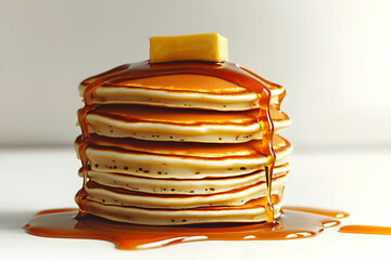 Delicious Stack of Pancakes Drizzled with Syrup and Topped with Butter on a Light Background