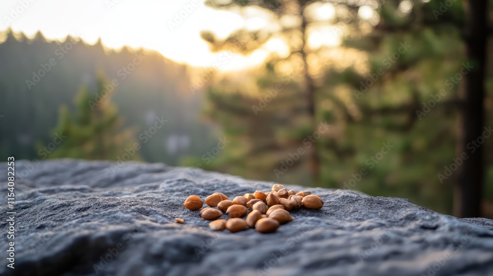 Poster pine nuts on gray rock with soft focus trees in background at sunset