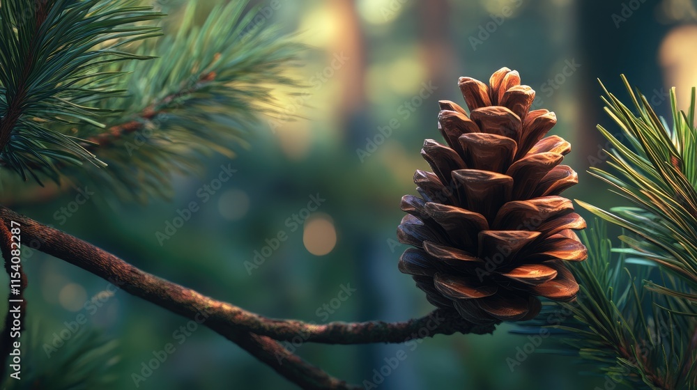 Poster closeup of a pinecone resting on a pine branch in a serene forest setting with blurred green backgro