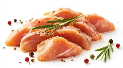 Raw chicken fillets arranged on a white background garnished with colorful peppercorns and fresh herbs for culinary presentation.