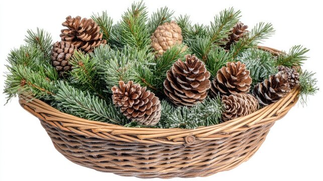 Winter decorative arrangement of pine and fir cones nestled in a rustic wicker basket with evergreen accents for holiday ambiance