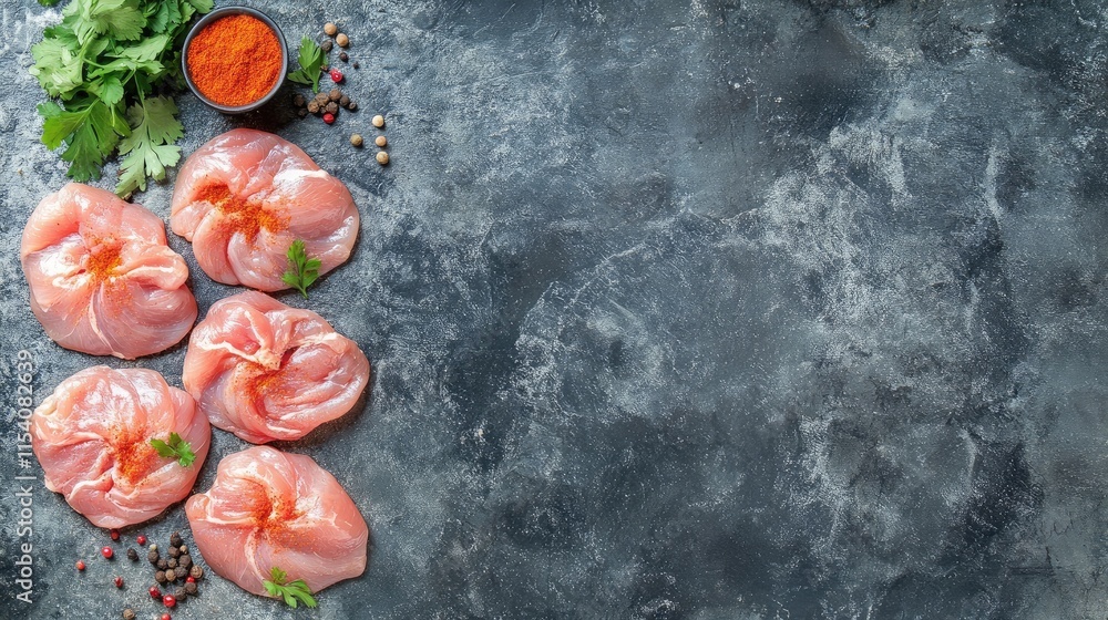 Poster raw chicken thighs seasoned with spices on a textured stone background with space for text ideal for