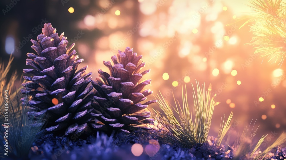 Poster pine cones resting elegantly on a soft forest floor with a dreamy sunlit background and gentle bokeh