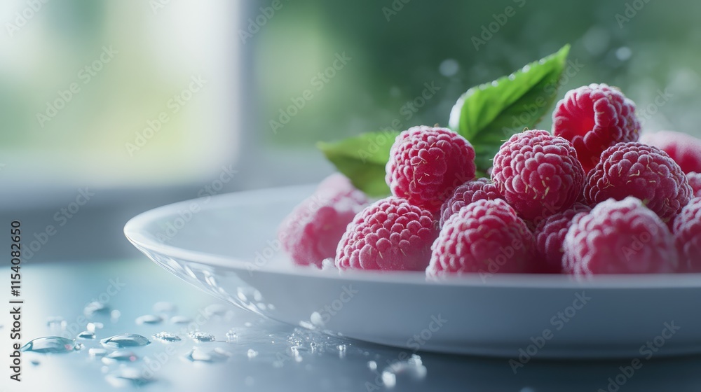 Poster close up of fresh raspberries on a plate with soft focus and bokeh effect showcasing vibrant colors 