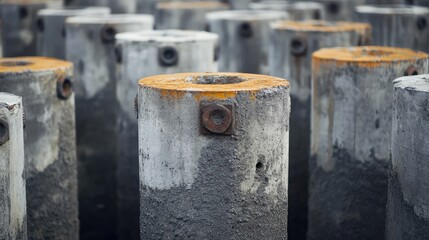 Fototapeta premium Prestressed concrete piles stacked at a construction site ready for use in foundation support and structural stability