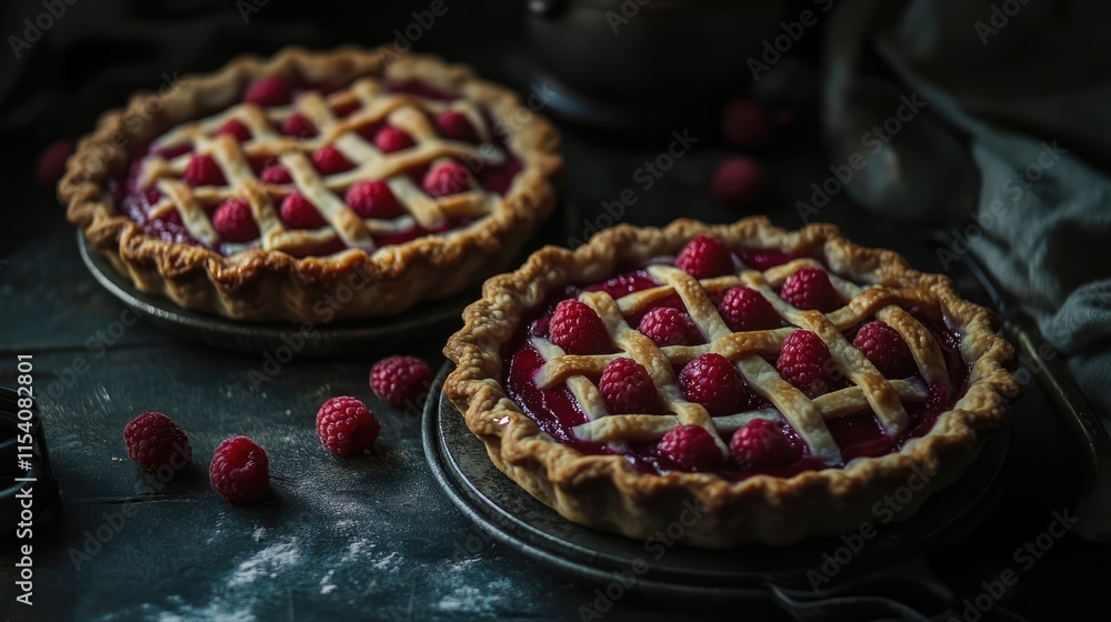 Poster raspberry pies with lattice crust displayed in rustic dark setting for a cozy dessert atmosphere
