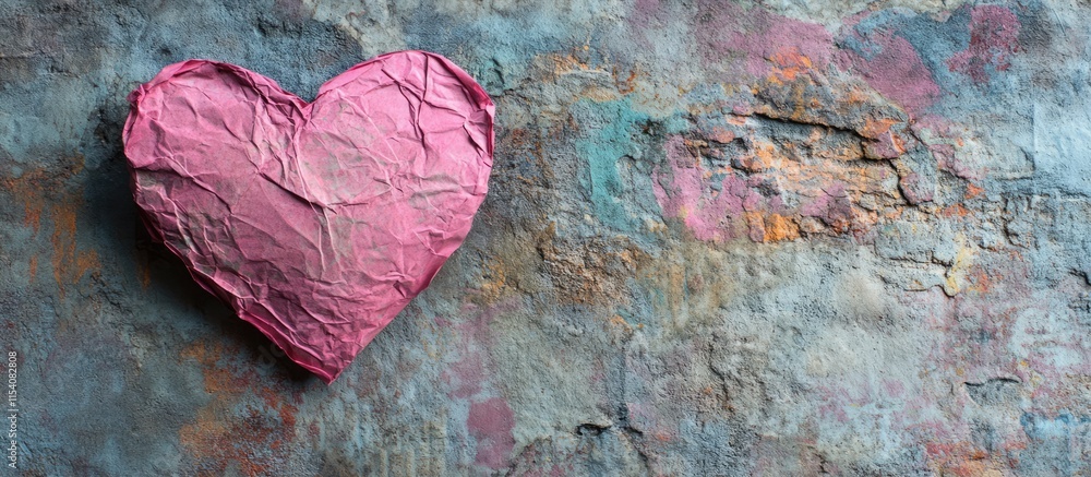 Poster textured wall backdrop featuring a crumpled pink paper heart emphasizing love and affection with amp