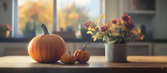 Autumn-themed kitchen setting with pumpkins and a seasonal bouquet on a wooden dining table creating a warm and inviting atmosphere