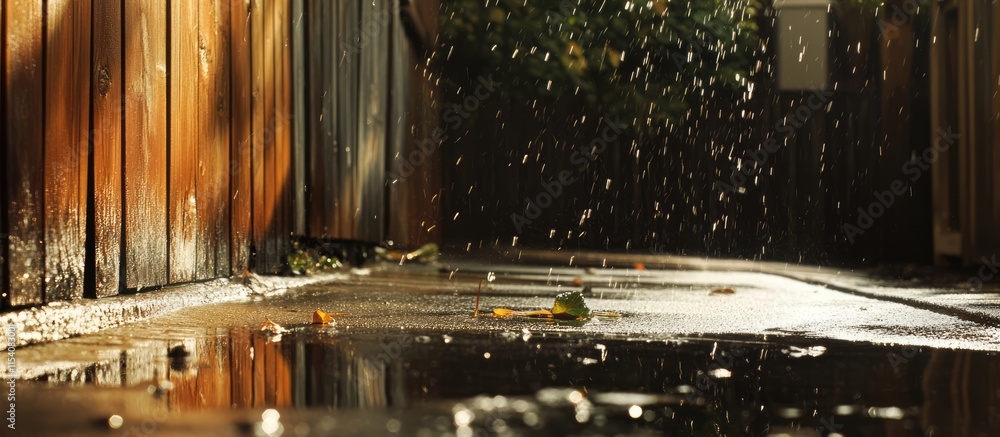 Poster rainwater flowing through a gutter on a rainy day with reflections and fallen leaves creating a sere