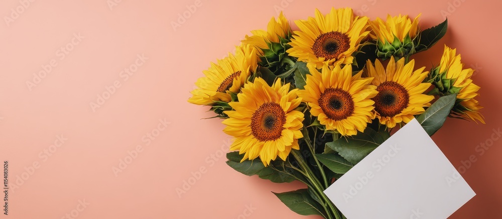 Poster bouquet of vibrant sunflowers with a blank postcard for message creation on a soft coral background 
