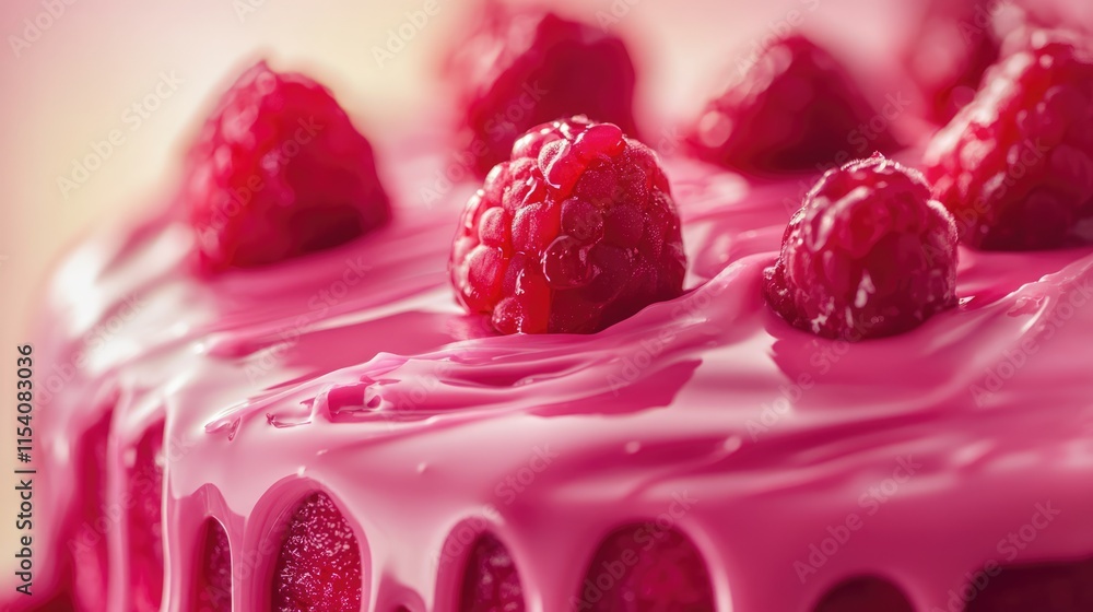Poster raspberry cake with glossy pink glaze and fresh raspberries on top creating a delicious and vibrant 