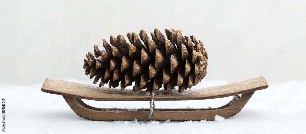 Aufkleber pine cone resting on a wooden sled with a snowy background creating a serene winter atmosphere for s
