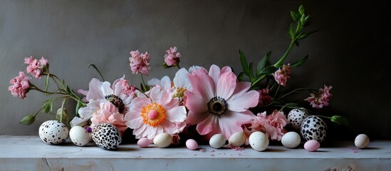 Delicate floral arrangement with pastel flowers and decorative eggs on a subtle background for Easter and spring celebrations