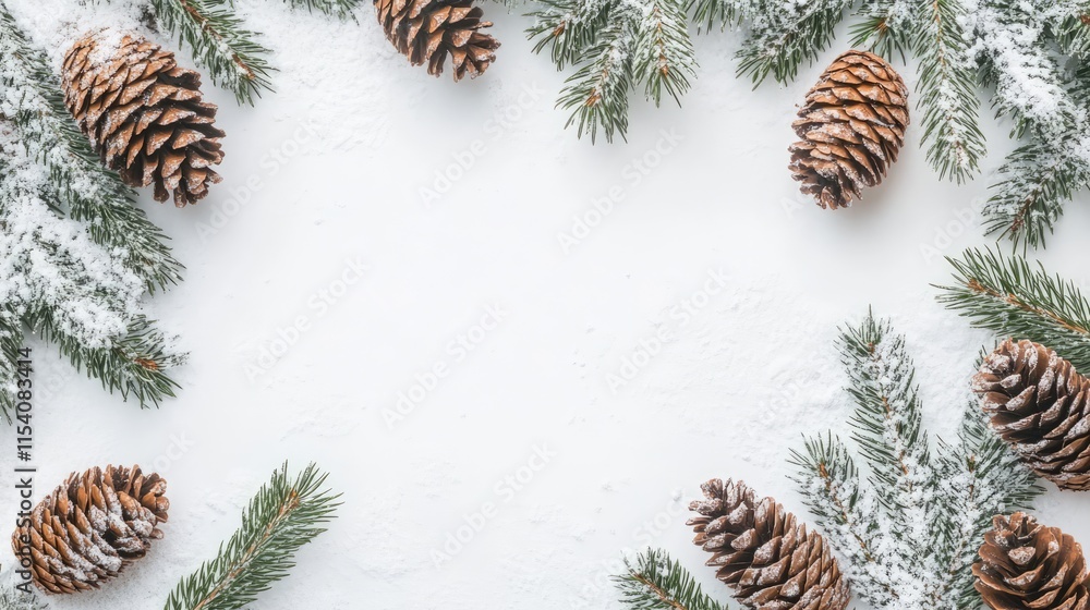 Poster pine cones and evergreen branches arranged on a snowy white background creating a festive holiday at