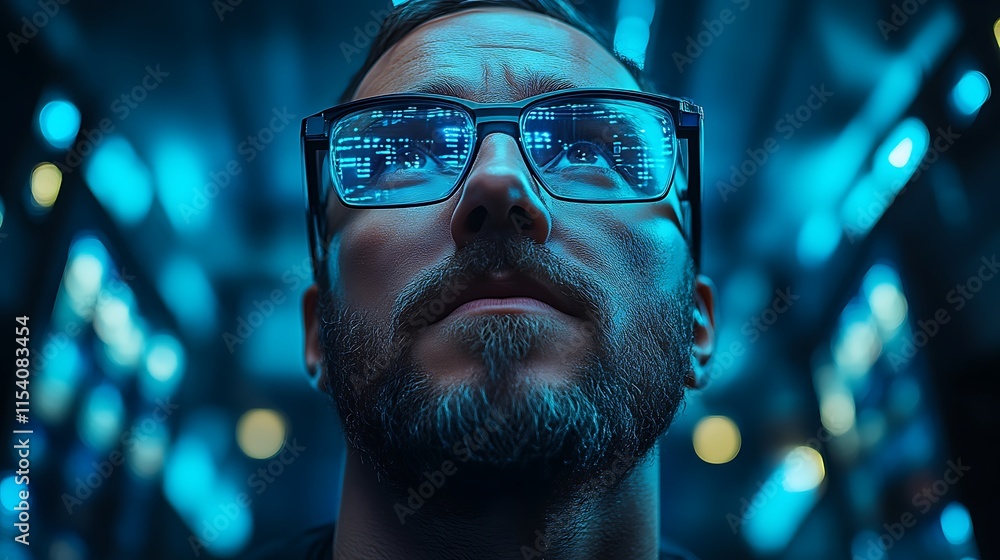 Poster man gazing upwards with code reflected in glasses