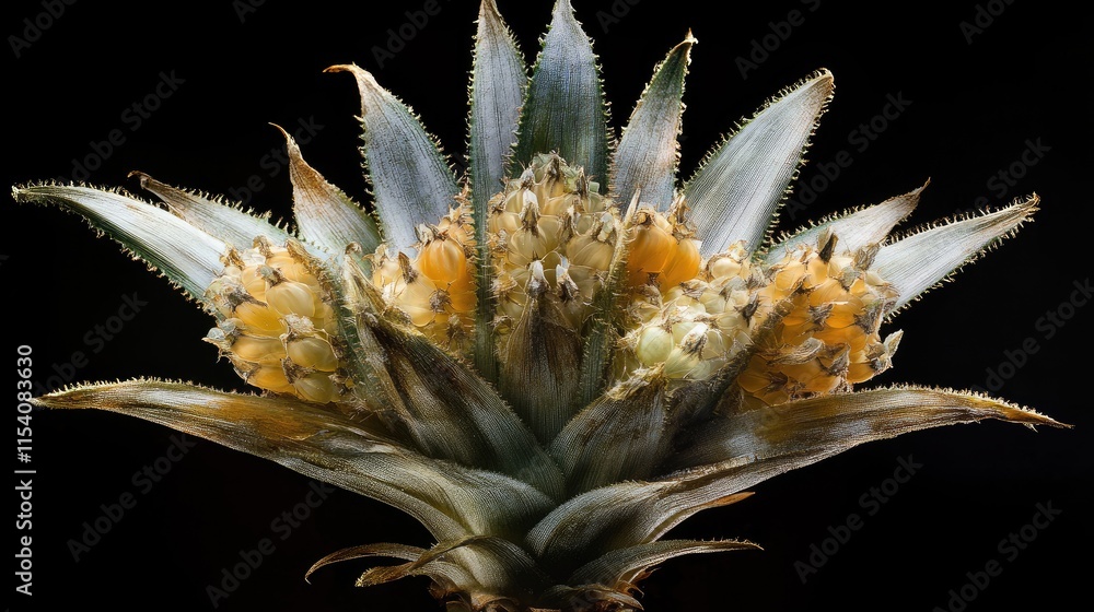 Poster pineapple botanical close-up showcasing detailed structure and texture against a dark background for