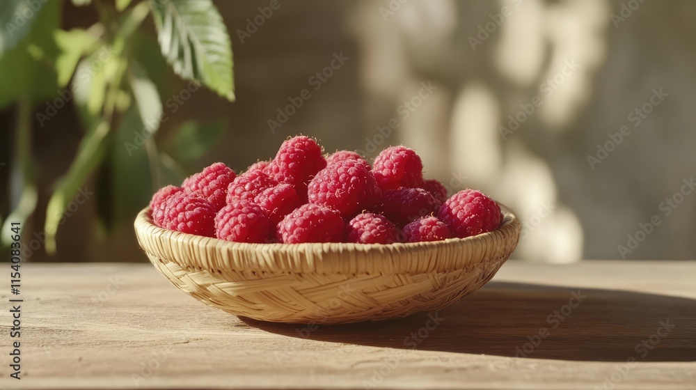 Aufkleber fresh raspberries in a natural bamboo bowl displayed on a rustic wooden table with soft light and gr
