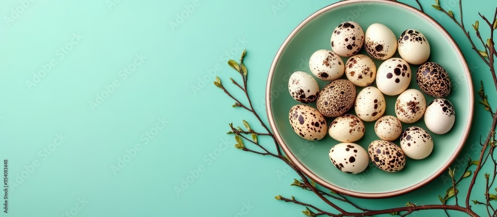 Poster quail eggs beautifully arranged on a plate with branches against a vibrant green background minimali