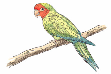 Fototapeta premium Colorful Parrot Illustration Perched on a Branch with Vibrant Green and Red Feathers and Detailed Texture in a Whimsical Style