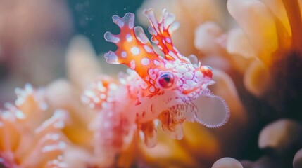 Naklejka premium Colorful and Intricate Close-Up of a Unique Sea Creature Surrounded by Vibrant Marine Flora in a Serene Underwater Environment