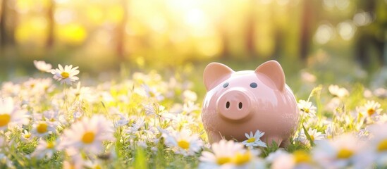 Pink piggy bank surrounded by daisies in a sunlit garden symbolizing savings and financial growth in a serene outdoor setting.