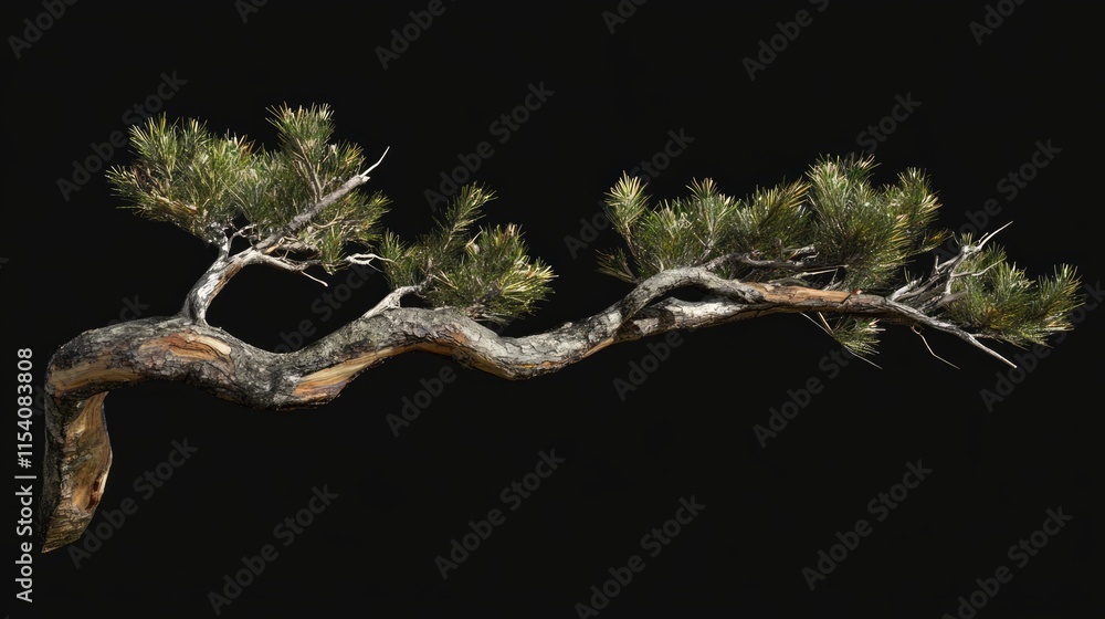 Poster twisted pine tree branch against a dark background showcasing unique shapes and textures of natural 