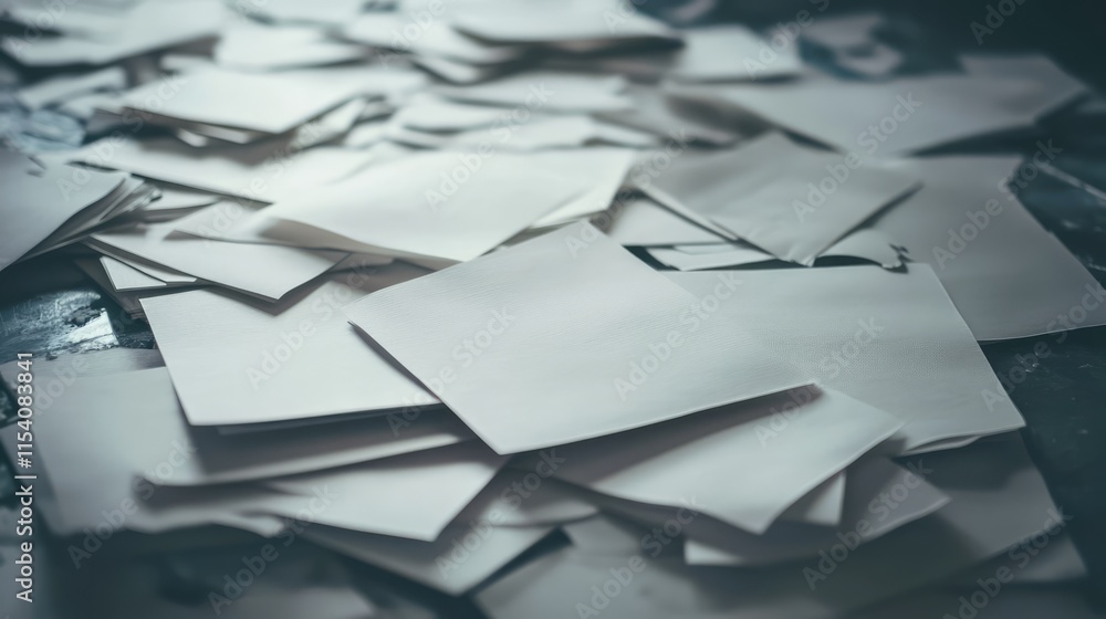 Poster Scattered blank card index papers creating a textured background for note-taking or organization concepts in a workspace setting
