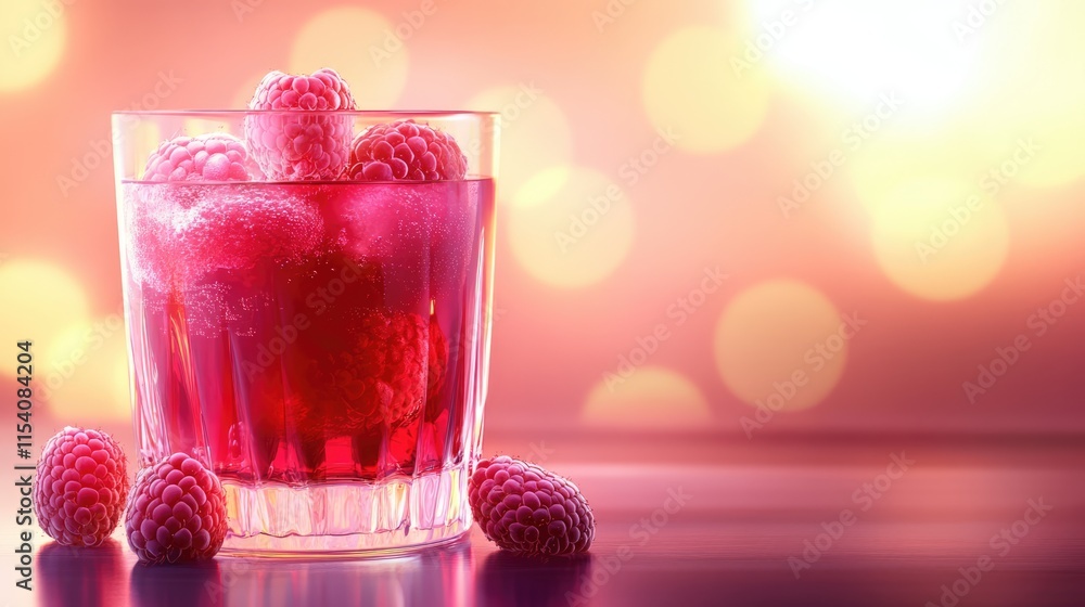 Aufkleber refreshing raspberry juice in glass with frozen berries on a colorful bokeh background