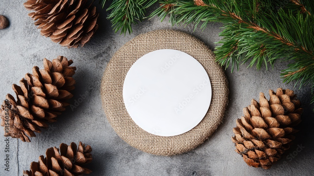 Poster rustic pine cones and burlap with a blank white circle on a textured background ideal for creating p