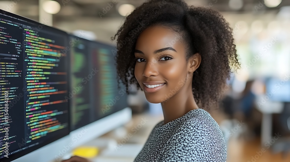 Poster smiling black female software developer working on code