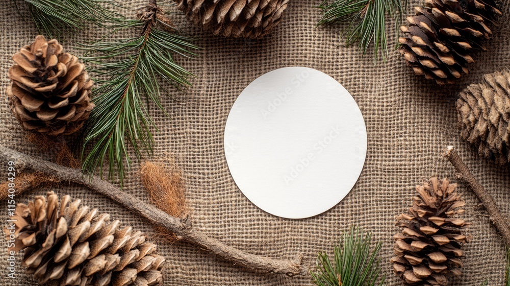 Poster pine cones and burlap background with a blank white circle for text perfect for postcard design or s